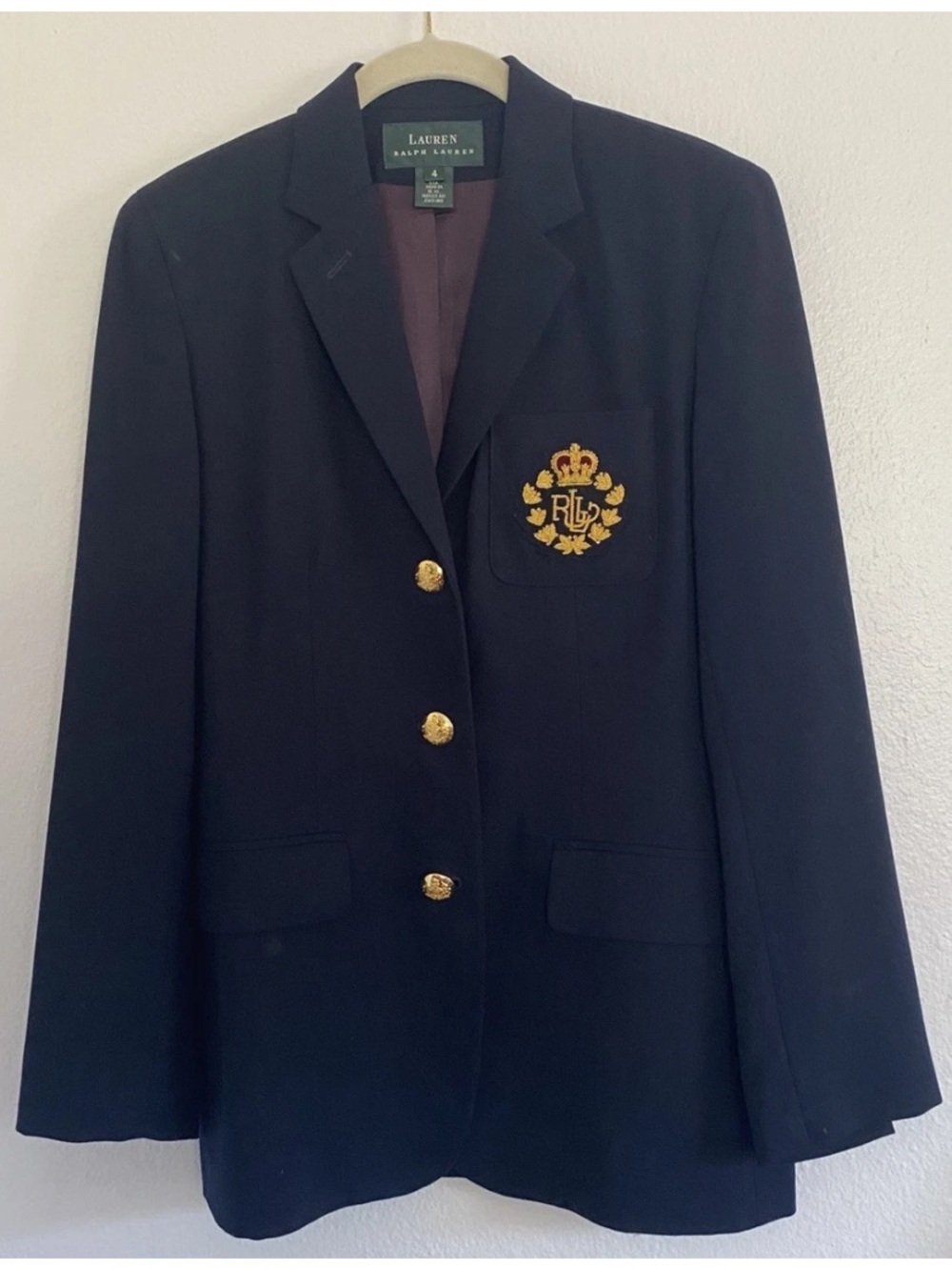 Vtg Lauren Ralph Lauren Gold Crown Crest Wool Blazer Navy Sz 4 FLAW